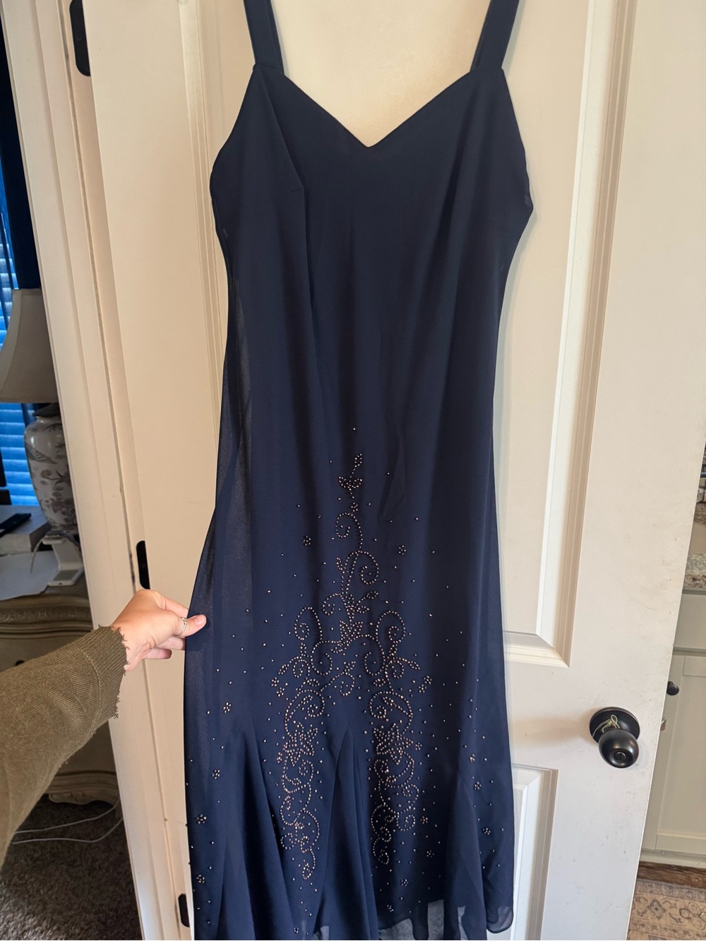 R&M Richards Navy Beaded Maxi Slip Dress